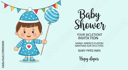 A cute baby boy in a blue polka dot outfit and hat holding a balloon, with festive bunting overhead, inviting guests to a baby shower.