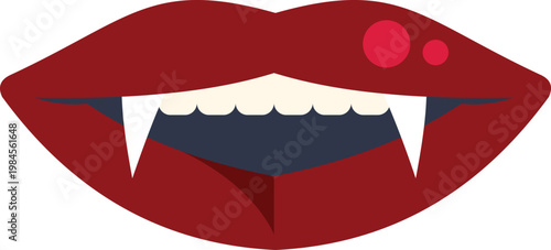 Red vampire lips displaying sharp fangs and blood drops