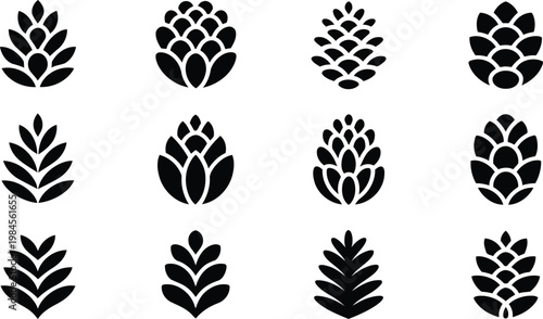 A symmetrical grid displaying various black nature themed silhouettes including distinct pinecones and stylized leaves on white
