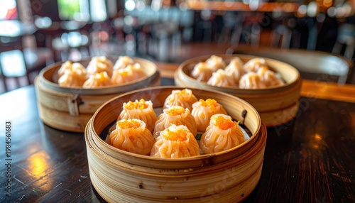 Steamed Shrimp Dumplings in Bamboo Baskets, A Delicate Dim Sum Presentation.