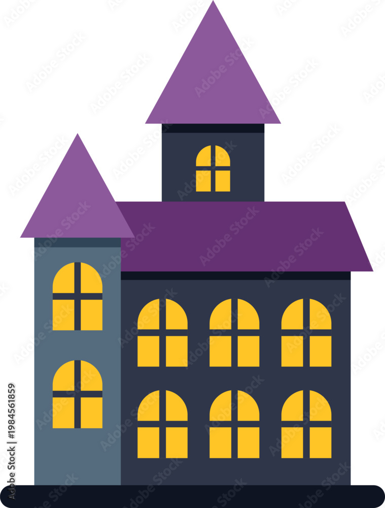 Fototapeta premium Haunted cartoon mansion with bright windows and purple roofs