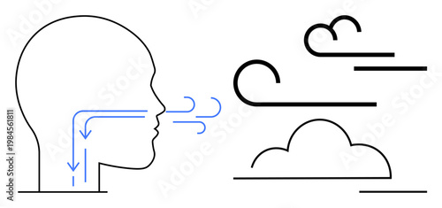 Healthcare, respiration, air flow, human anatomy, breathing exercises, natural balance. A profile of a person with airflow lines and a cloud-thumbs up design. Healthcare and respiration conceptual