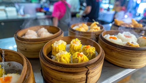 Steaming Bamboo Baskets Filled With Freshly Prepared Dim Sum Assortment, A Delightful Asian Culinary Experience.