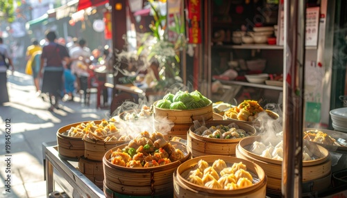 Steaming Dim Sum Baskets Overflowing with Variety, a Vibrant Street Food Scene