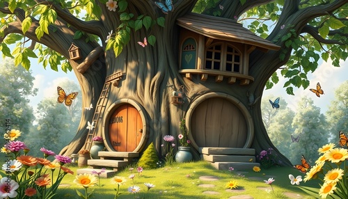 Storybook-style whimsical treehouse with circular doors and painted walls, surrounded by blooming flowers and butterflies, cheerful sunny garden scene 2
