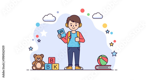 A cheerful young boy stands proudly holding a book, surrounded by toys and educational blocks, symbolizing childhood learning and play.