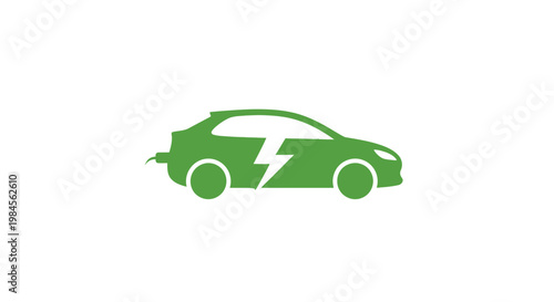 Green Silhouette of Electric Vehicle with Bolt Symbol on White Background