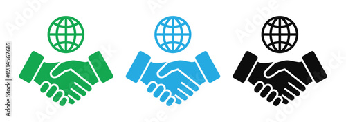 Global business partnership icons in green blue black vector illustration
