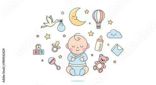 A whimsical illustration of a sleeping baby surrounded by charming nursery icons, including a stork, moon, hot air balloon, and toys, evoking a sense of gentle dreams and new beginnings.