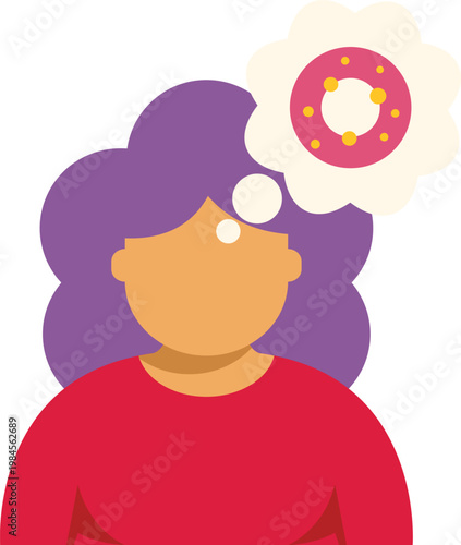 Woman having an unhealthy food craving, shown with a donut in a thought bubble