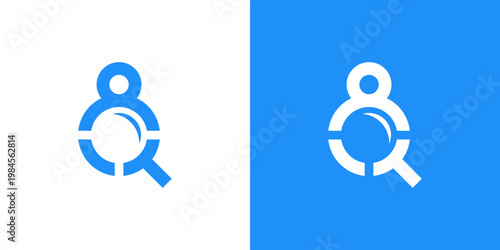 Dual meaning logo combining people and magnifying glass elements, symbolizing insight, research, discovery, attention to detail, and human-centered analysis in modern solutions.