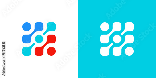 Dual meaning logo combining dot connection and pixel elements, symbolizing digital networks, data connectivity, innovation, and the building blocks of modern technology systems.