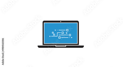 Minimalistic illustration of laptop displaying a digital circuit diagram with blue screen
