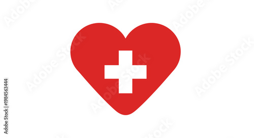 A red heart with a white cross symbolizing health, care, and medical aid, on white