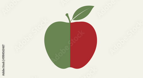 A stylized illustration of a split apple with red and green halves on a white background