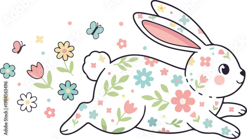 cute floral bunny illustration pastel spring rabbit with flowers and butterflies