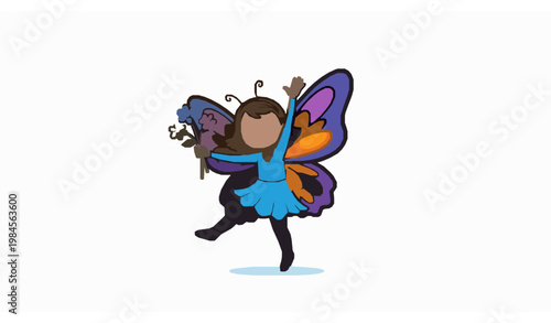 Playful girl in butterfly wings costume dancing with flowers colorful cartoon vector illustration kids theme