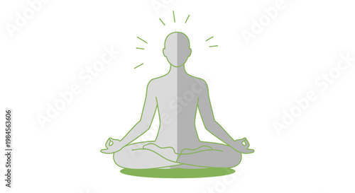 Meditative figure in lotus position with radiating lines illustrating enlightenment