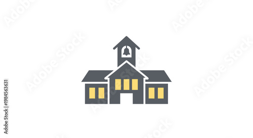 Minimalist illustration of a school building with a bell tower and vibrant yellow windows
