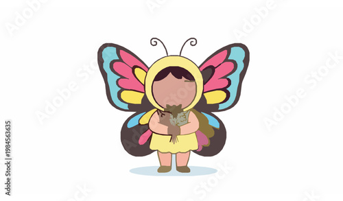 Cute girl in butterfly costume holding flowers cartoon vector illustration for kids spring character design