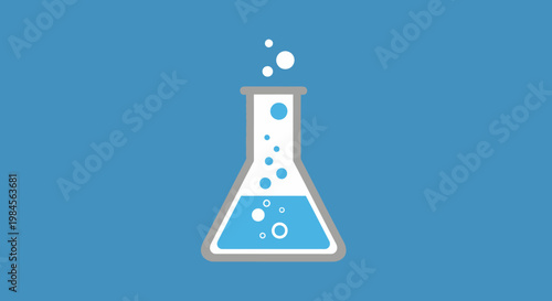 Stylized illustration of a laboratory flask with effervescent liquid and bubbles against a blue