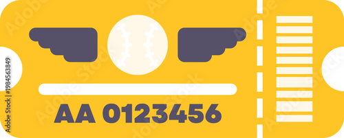 Yellow baseball ticket showing a winged ball design and barcode icon
