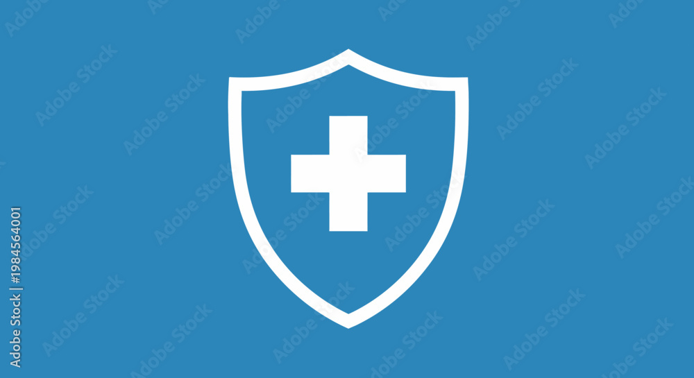 Fototapeta premium Medical shield illustration: a white cross inside a shield on a blue background