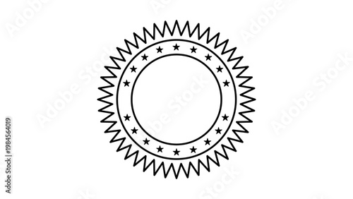 Notary seal minimalist black line vector icon on a white background representing a circular emboss with serrated edges and stars, perfect for legal documents, certificates, and official stamps.