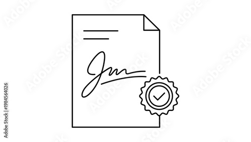 Power of Attorney minimalist black line vector icon illustration on a white background representing a signed legal document with a certified seal and checkmark for business, law, and contracts.