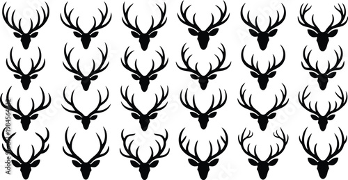 Array of elegant black deer heads featuring majestic antlers against a plain white backdrop