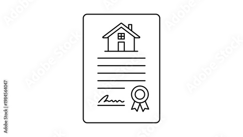 Property Deed Vector Icon: A minimalist black line illustration on a white background representing a house document, real estate contract, mortgage agreement, or home title with a signature and seal.