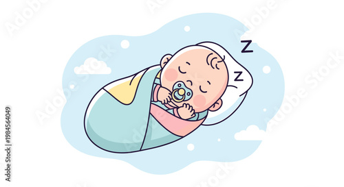 A cute baby peacefully sleeping on a pillow with a pacifier in its mouth, wrapped in a swaddle, with Z's indicating sleep.