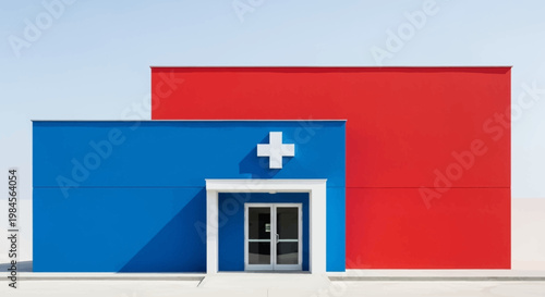 Minimalist healthcare facility exterior with vibrant colors and stark architectural elements