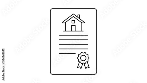 Property deed minimalist black line vector icon on white background representing a real estate document with a house symbol and seal for mortgage, home ownership, and legal contract illustration.