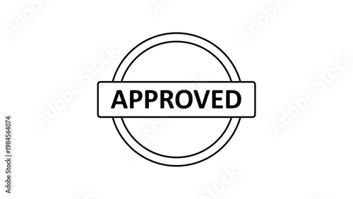 Minimalist black line vector icon of a circular stamp with the word APPROVED in a central box, isolated on a white background. Clean scalable illustration for business and document approval.