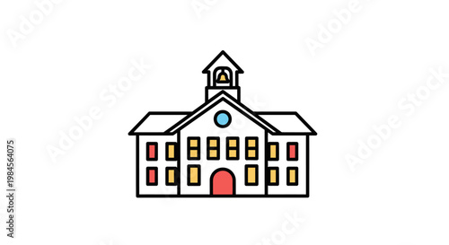 Minimalist school building illustration with vibrant colors and clean lines, perfect for education