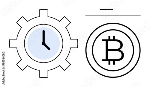 Blockchain, cryptocurrency, time management, fintech, technology, transaction systems. Gear with clock and Bitcoin symbol in a minimal style. Blockchain and cryptocurrency concept