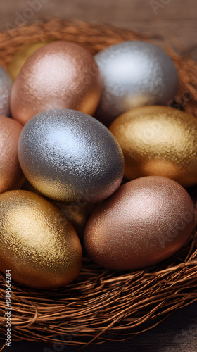 Vertical Textured metallic Easter still life of gold, silver, and copper eggs nestled in a rustic bird's nest against a dark background, an elegant holiday celebration and financial wealth concept.