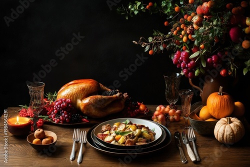 Thanksgiving day dinner on the wood table- black background. Thanksgiving concept. Copy Space for texts