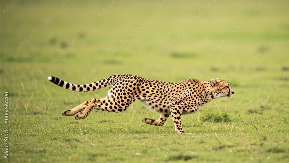 Fototapeta premium Animal - Cheetah Sprinting at Full Speed Across Open Green Grassland Savanna in African Wildlife