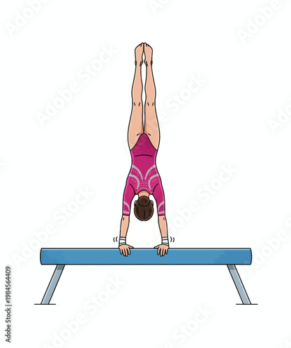 young gymnast performing handstand on balance beam vector illustration