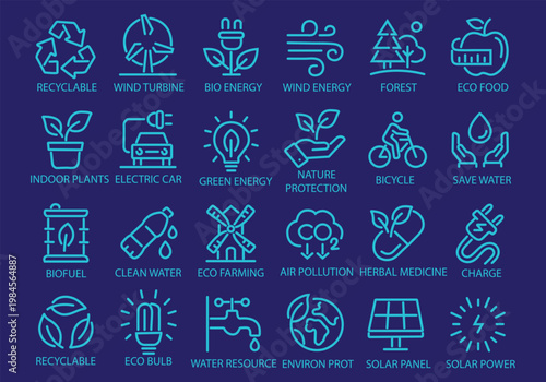 Ecology line icon set. Recycle, solar power, eco, nature, eco farming, green, environment, bio energy, clear water - stock vector.