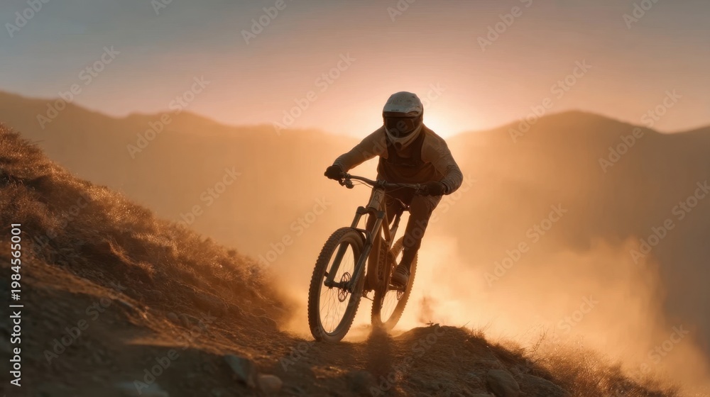 Fototapeta premium Breathtaking Mountain Bike Adventure at Sunset with Dramatic Lighting and Dusty Trails
