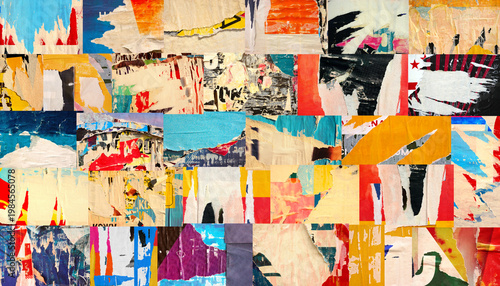 Collage of ripped torn advertisement street posters grunge creased crumpled paper texture background placard backdrop surface