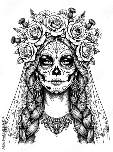 Day of the Dead Sugar Skull Woman with Floral Crown Black and White Vector Illustration