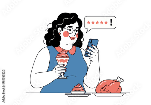Young woman leaves a bad four-star review for a meal of whole chicken and ice cream via smartphone. Vector illustration, customer feedback concept.