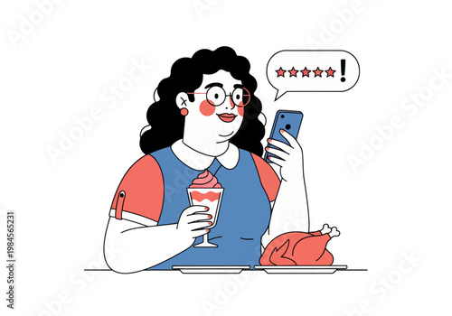 Young woman leaves a bad four-star review for a meal of whole chicken and ice cream via smartphone. Vector illustration, customer feedback concept.