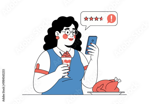 Young woman leaves a bad four-star review for a meal of whole chicken and ice cream via smartphone. Vector illustration, customer feedback concept.