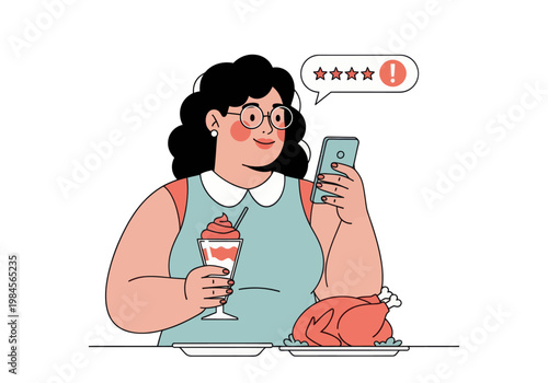 Young woman leaves a bad four-star review for a meal of whole chicken and ice cream via smartphone. Vector illustration, customer feedback concept.