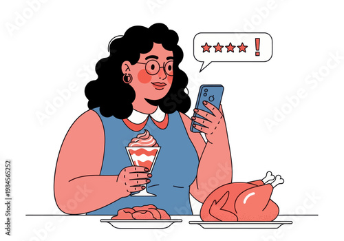Young woman leaves a bad four-star review for a meal of whole chicken and ice cream via smartphone. Vector illustration, customer feedback concept.